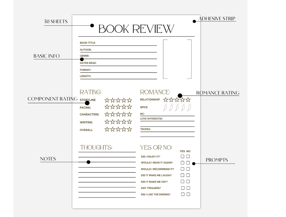 Book Review Sticky Note Pad with prompts